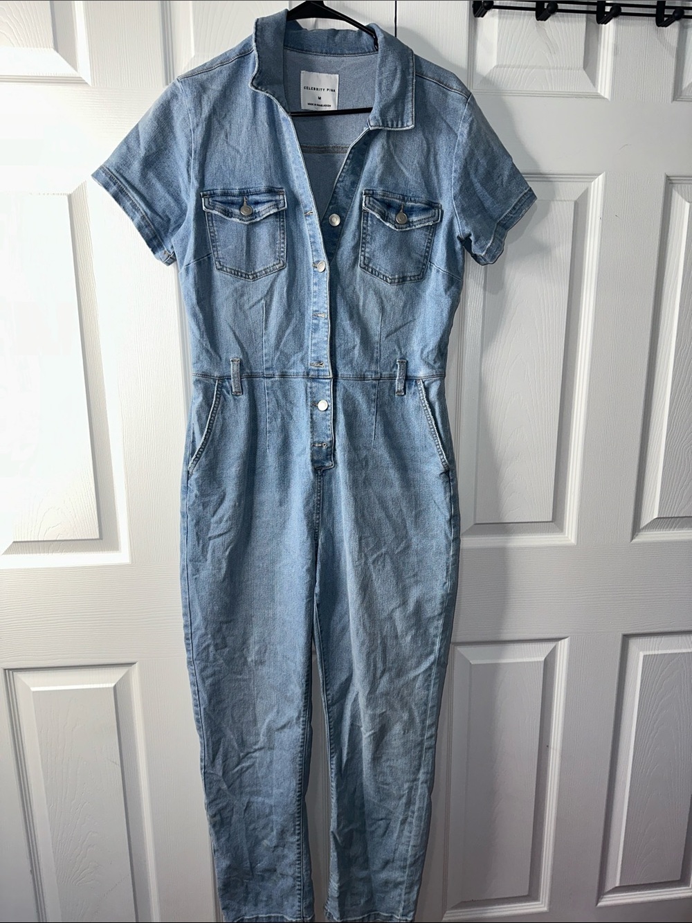 Celebrity Pink Light Blue Denim Short Sleeve Jumpsuit
